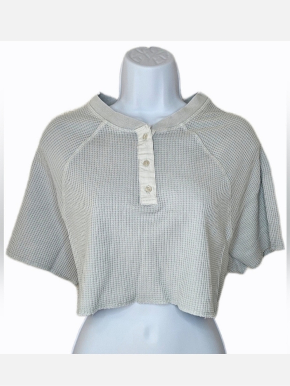 NWT Mono B Women's Waffle Crop Henley Raw Hem Top Mist KT-A0685 Various Sizes
